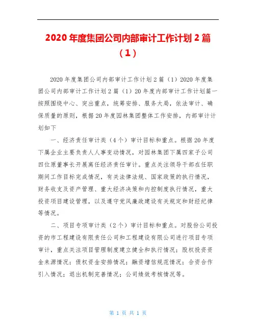 2020年度集团公司内部审计工作计划2篇(1)