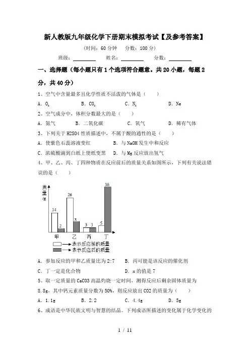 新人教版九年级化学下册期末模拟考试【及参考答案】