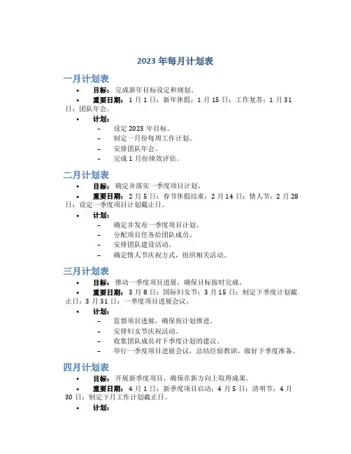 2023年每月计划表