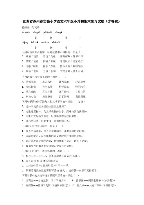 江苏省苏州市实验小学语文六年级小升初期末复习试题(含答案)