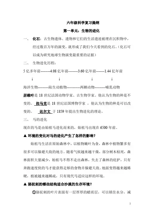 六年级科学复习提纲