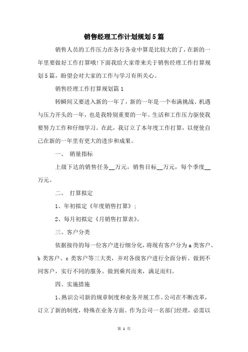 销售经理工作计划规划5篇