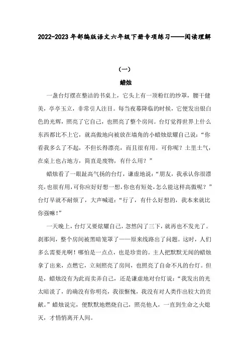 2022-2023年部编版语文六年级下册专项练习——阅读理解