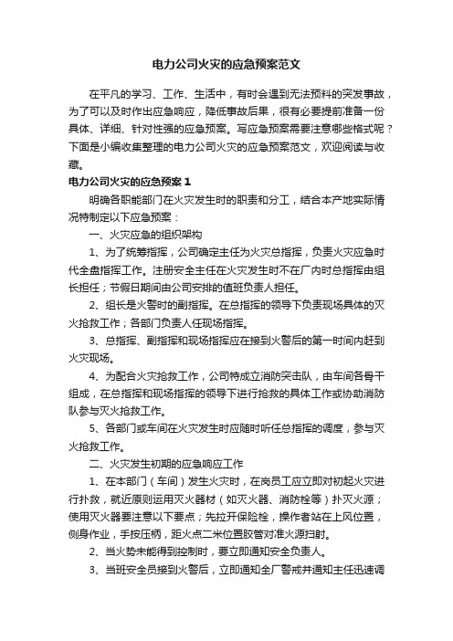 电力公司火灾的应急预案范文