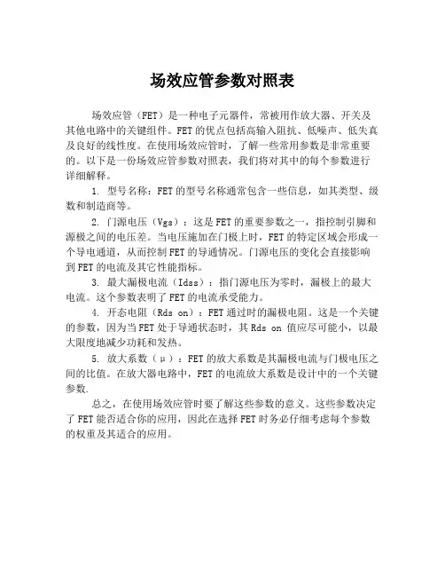 场效应管参数对照表