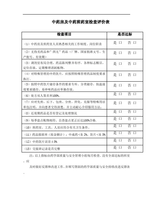 中药房及中药煎药室检查评价表