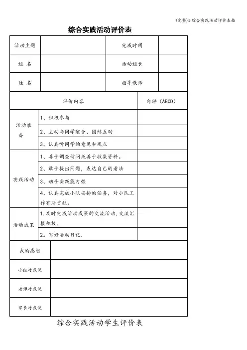 (完整)5综合实践活动评价表格