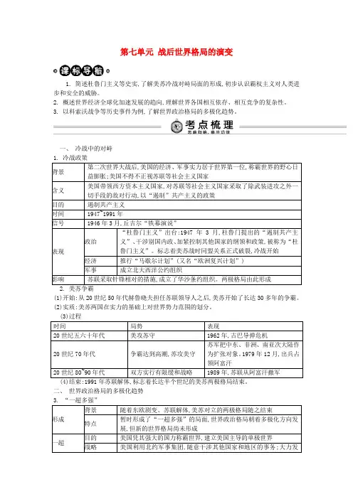 2020届中考历史 考点解析 九下 第七单元 战后世界格局的演变复习 新人教版
