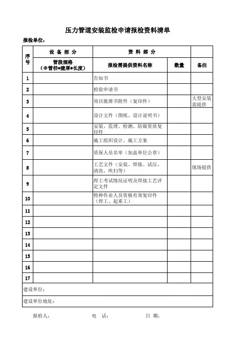压力管道安装监检申请报检清单