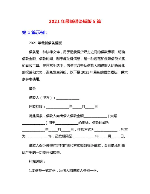 2021年最新借条模版5篇