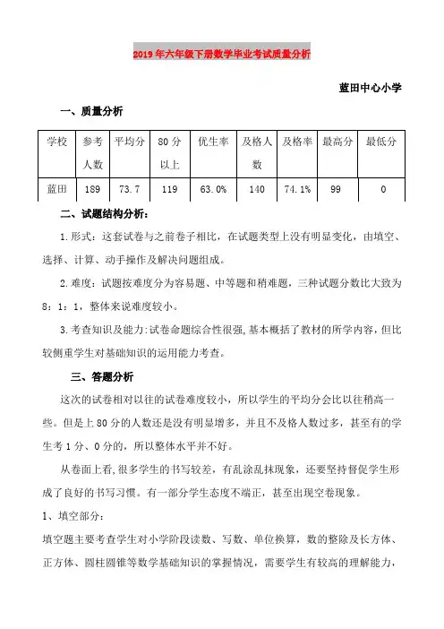 2019年六年级下册数学毕业考试质量分析