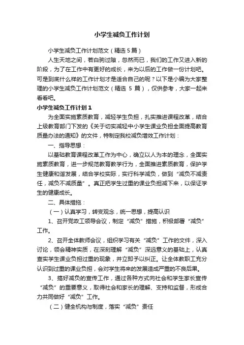小学生减负工作计划范文（精选5篇）