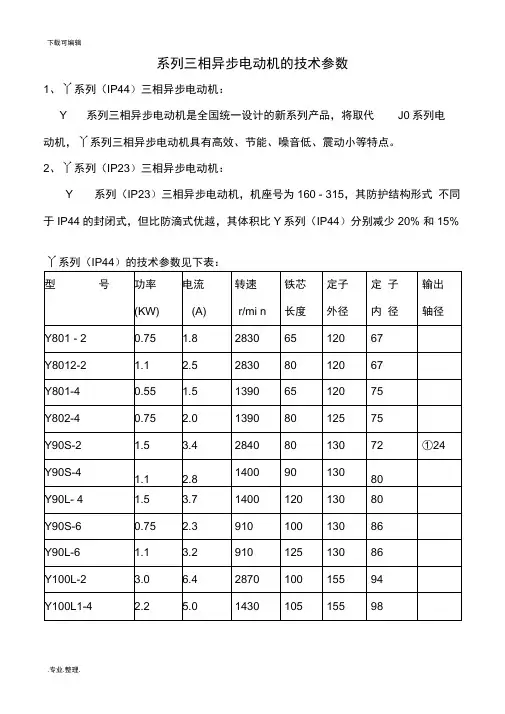 Y系列三相异步电动机的技术参数