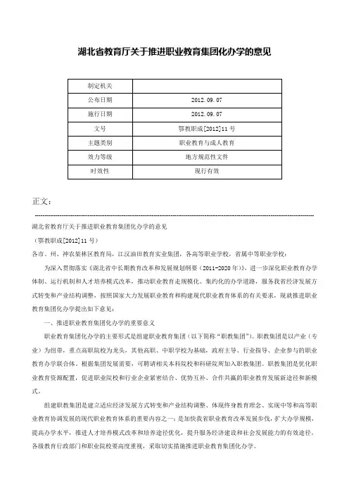 湖北省教育厅关于推进职业教育集团化办学的意见-鄂教职成[2012]11号