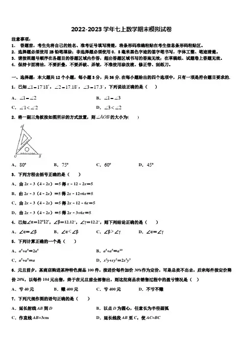 2022-2023学年广东省深圳市深圳外国语七年级数学第一学期期末综合测试试题含解析
