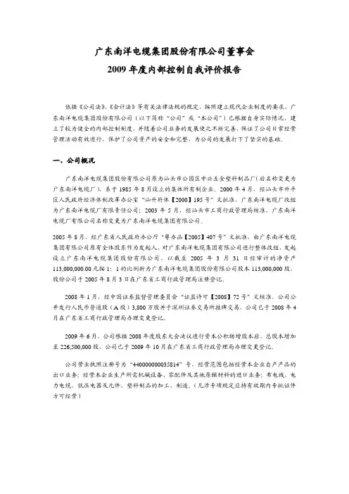 南洋股份：董事会2009年度内部控制自我评价报告 2010-03-18