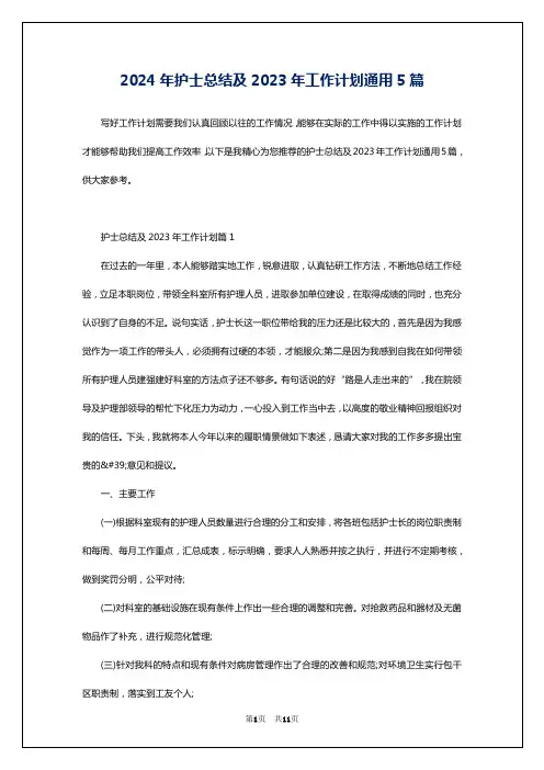 2024年护士总结及2023年工作计划通用5篇