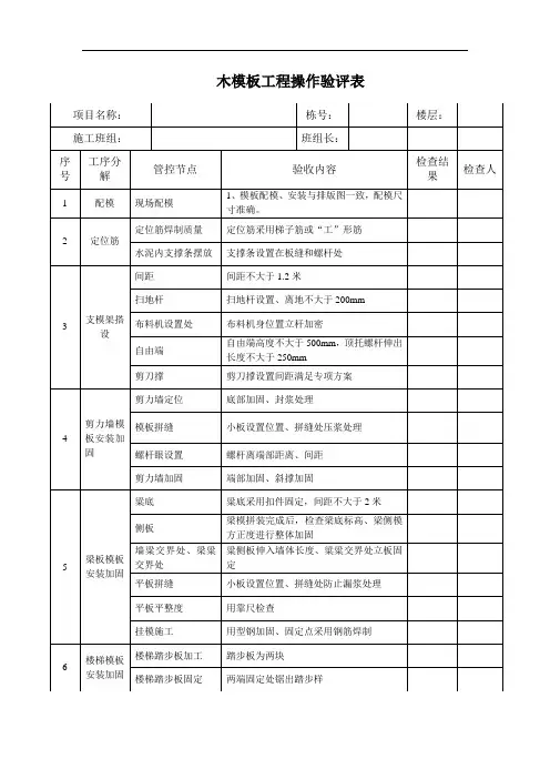 木模板工程验评表