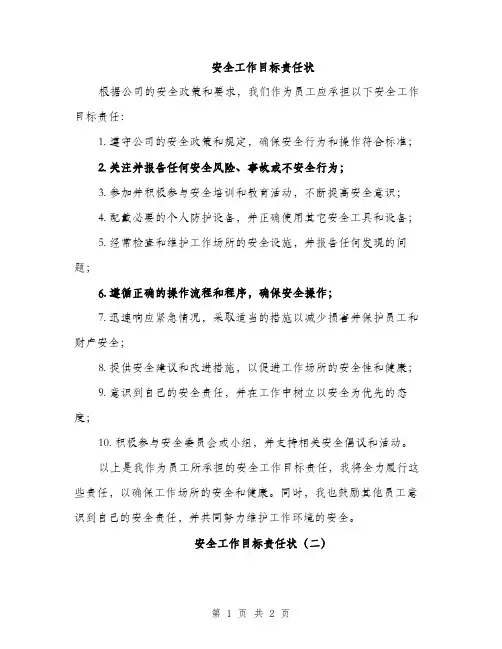 安全工作目标责任状（2篇）