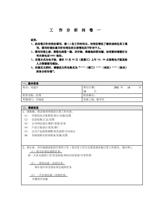 市场部经理工作分析问卷