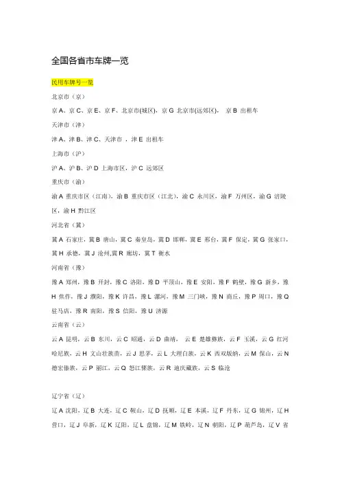 全国各省市车牌一览