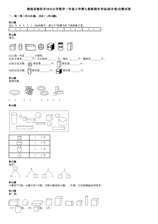 湖南省衡阳市2024小学数学一年级上学期人教版期末考试(综合卷)完整试卷