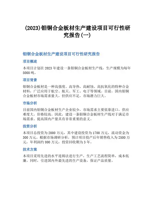 (2023)钼铜合金板材生产建设项目可行性研究报告(一)