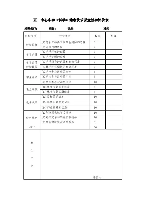 科学评价表