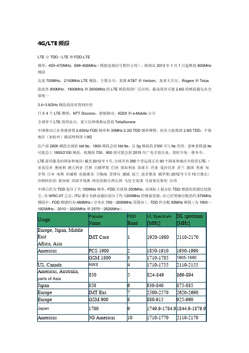TDD-FDD频段及使用情况2012年底