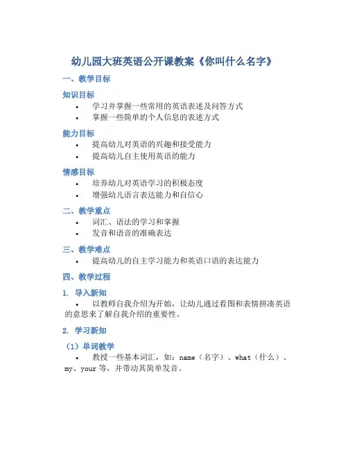 幼儿园大班英语公开课教案《你叫什么名字》