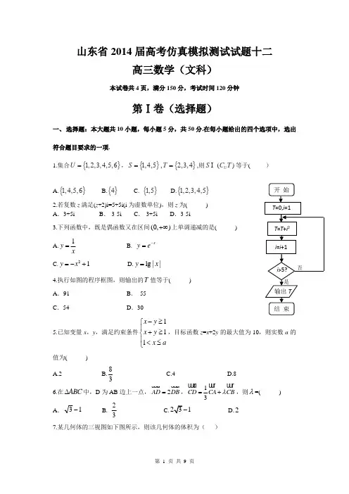 山东省2014届高三仿真模拟测试文科数学试题十二(word版)(精校)