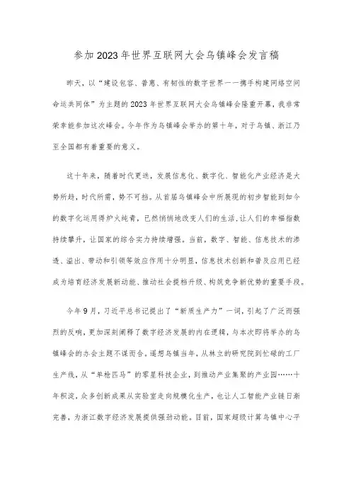 参加2023年世界互联网大会乌镇峰会发言稿