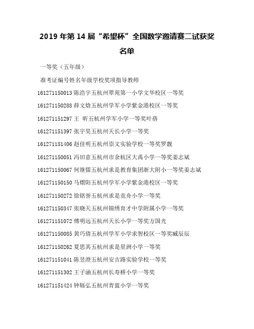 2019年第14届“希望杯”全国数学邀请赛二试获奖名单