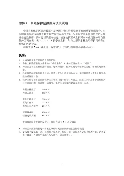 自然保护区数据库填表说明