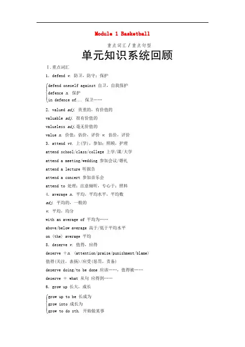 外研版高中英语选修7 Module 1 Basketball单元知识系统回顾