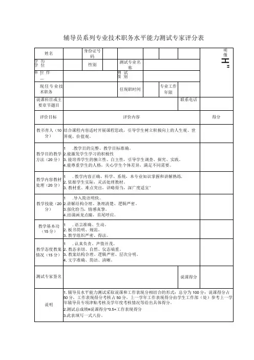 辅导员系列专业技术职务水平能力测试专家评分表