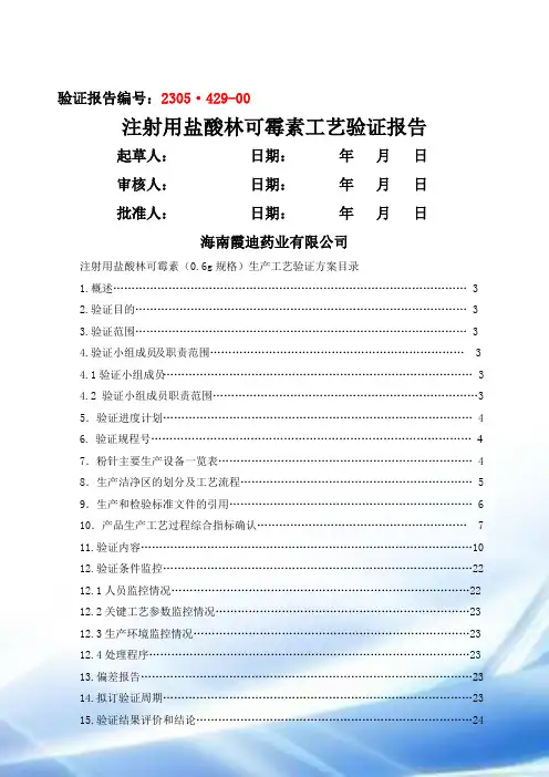 注射用盐酸林可霉素0.6工艺验证报告