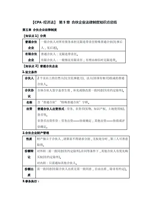 【CPA-经济法】 第5章 合伙企业法律制度知识点总结