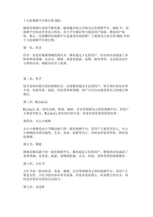 十大短视频平台排行榜2021
