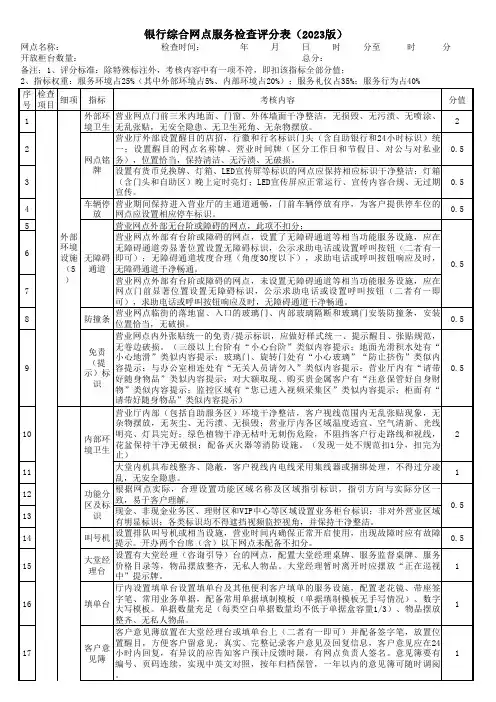 银行综合网点服务检查评分表(2023版)