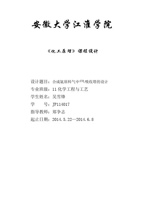 合成氨原料气中CO2吸收塔的设计肖永鹏