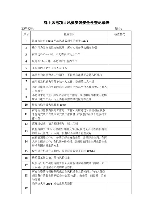 海上风电项目风机安装安全检查记录表