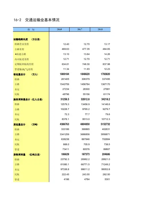 中国统计年鉴2020全国社会经济发展指标：16-2  交通运输业基本情况
