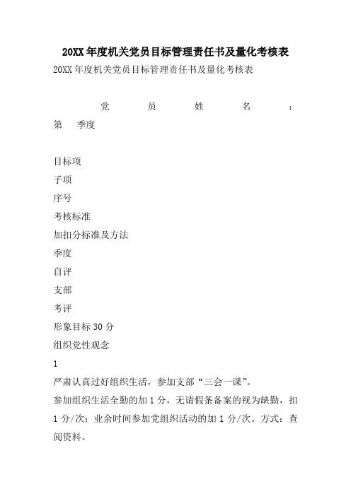 20XX年度机关党员目标管理责任书及量化考核表