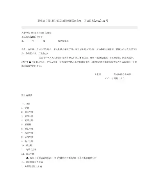 职业病目录表格