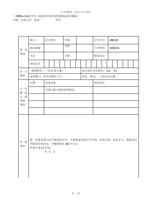 (—2018学年)国家奖学金申请审批表(填写模板)