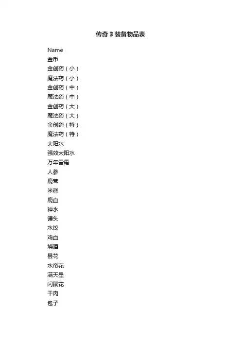 传奇3装备物品表