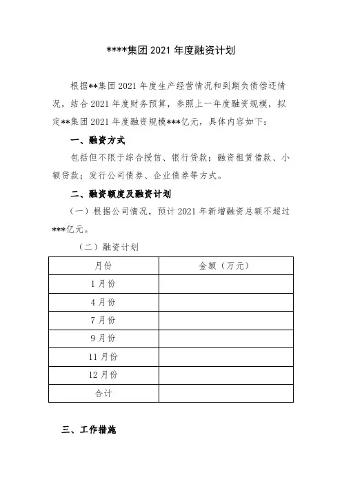 集团公司2021年度融资计划(范文)