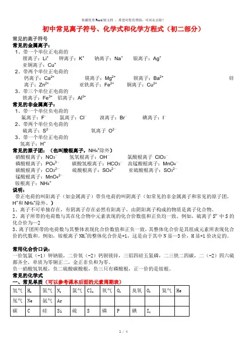初中常见离子符号、化学式和化学方程式