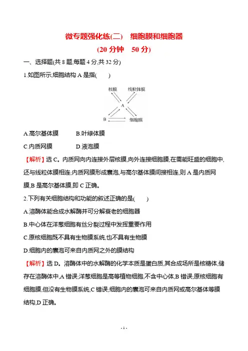 2022-2023学年  人教版 必修一微专题强化练(二)细胞膜和细胞器 作业